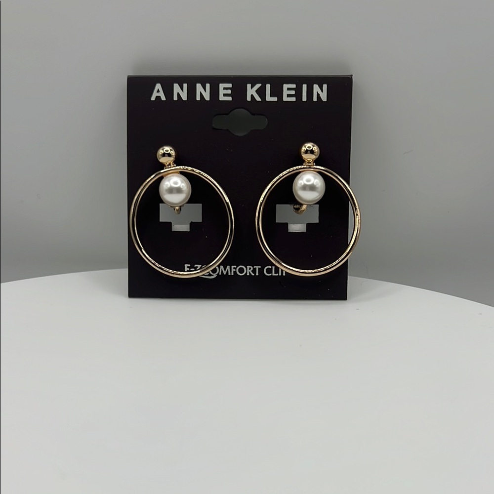 Anne Klein Gold and Pearl Hoop Clip On Earrings